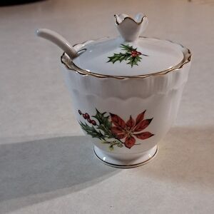 Royal Adderly Poinsettia Gold Trimmed Sugar Bowl w/spoon Fine Bone China
